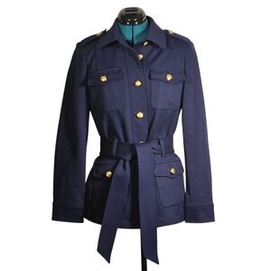 White House Black Market Luxe Stretch Safari Jacket Navy M $189 Like New